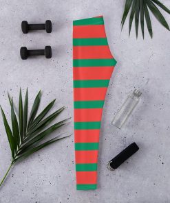 Red Green Striped Elf Christmas Leggings for Women, High Waisted Pants Red Green Striped Elf Christmas Leggings for Women, High Waisted Pants