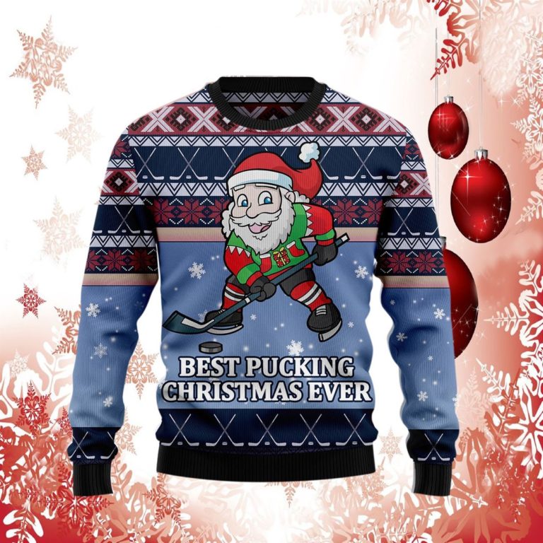 Santa Hockey Christmas Ugly Sweater