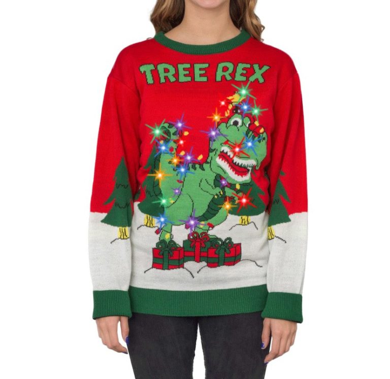 Tree Rex Light Up T-Rex Ugly Christmas Sweater