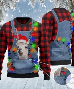 Alpaca Lovers Red Plaid Shirt And Denim Bib Overalls Ugly Christmas Sweater