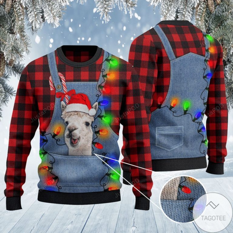Alpaca Lovers Red Plaid Shirt And Denim Bib Overalls Ugly Christmas Sweater