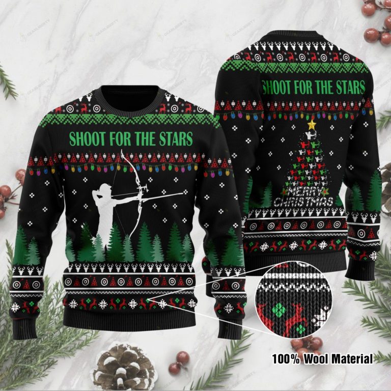 Archer Using Compound Bow With Sayings Shoot For The Stars Ugly Sweater