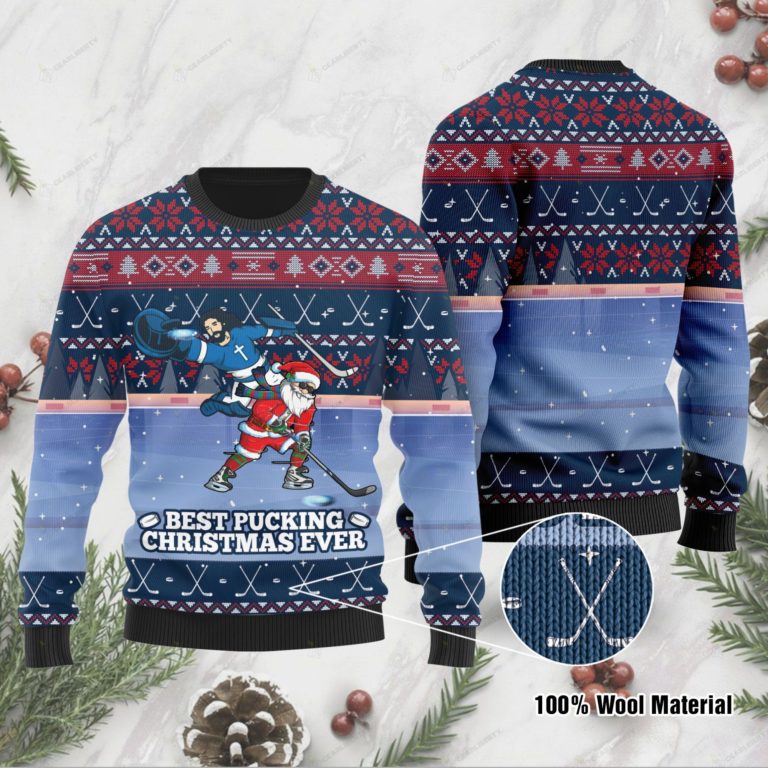 Best Pucking Christmas Ever Jesus And Santa Claus Ugly Christmas Sweater For Ice Hokey Lovers