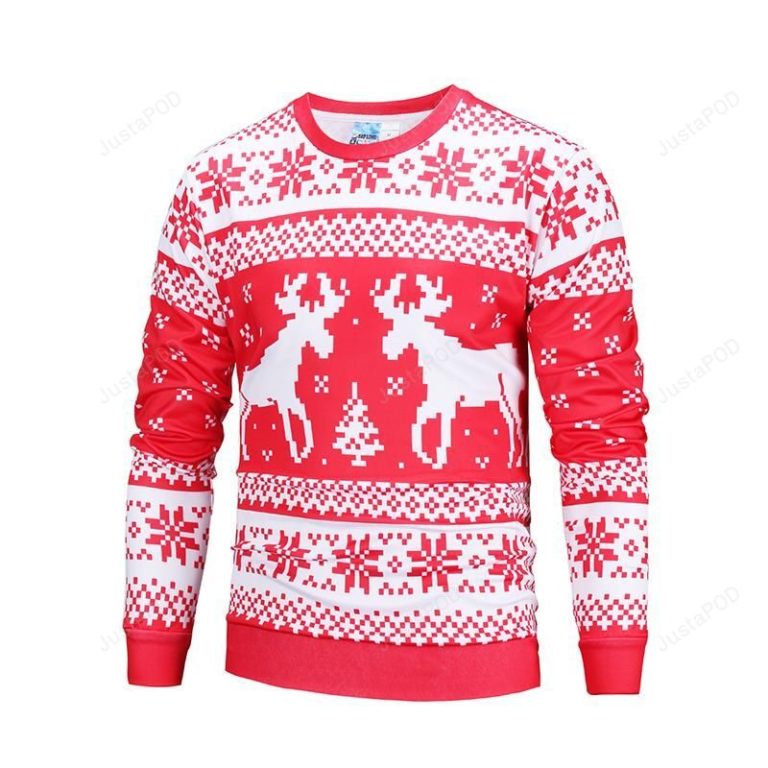 Cool Christmas Deer Striped Pattern Icon Red Ugly Christmas Sweater