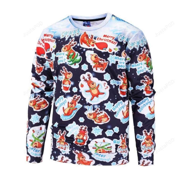 Cute Christmas Deer Cartoon Style Striped Ugly Christmas Sweater