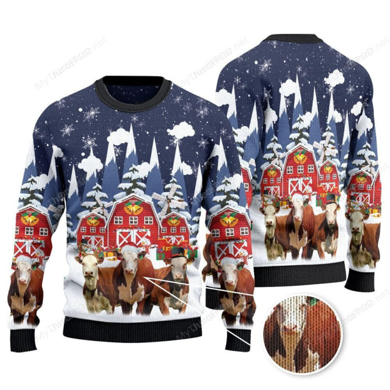 Hereford Cattle Christmas Gift Snow Farm Sweater, Sweatshirt