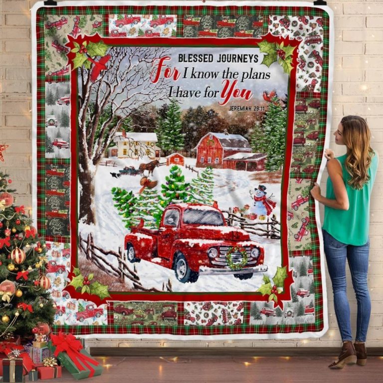 Red Truck Blessed Journeys Christmas Fleece Blanket