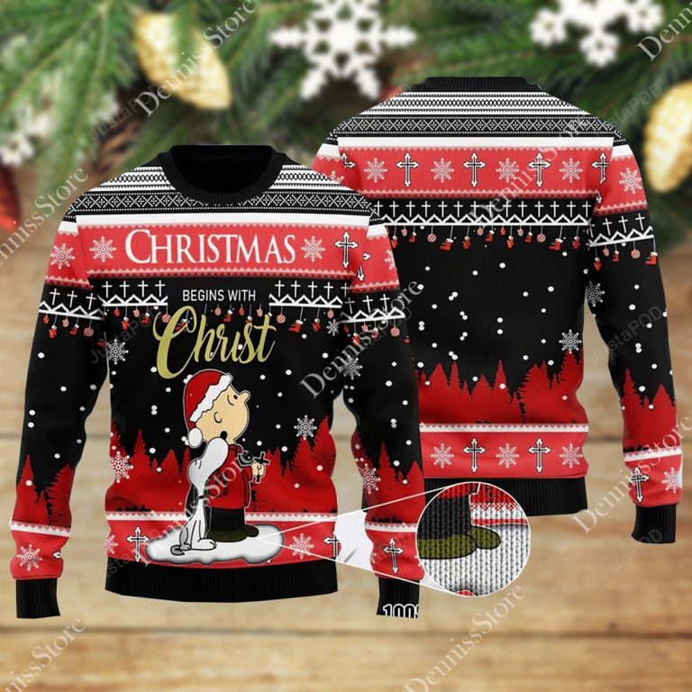 Snoopy And Charlie Christmas Begins With Christ Sweater