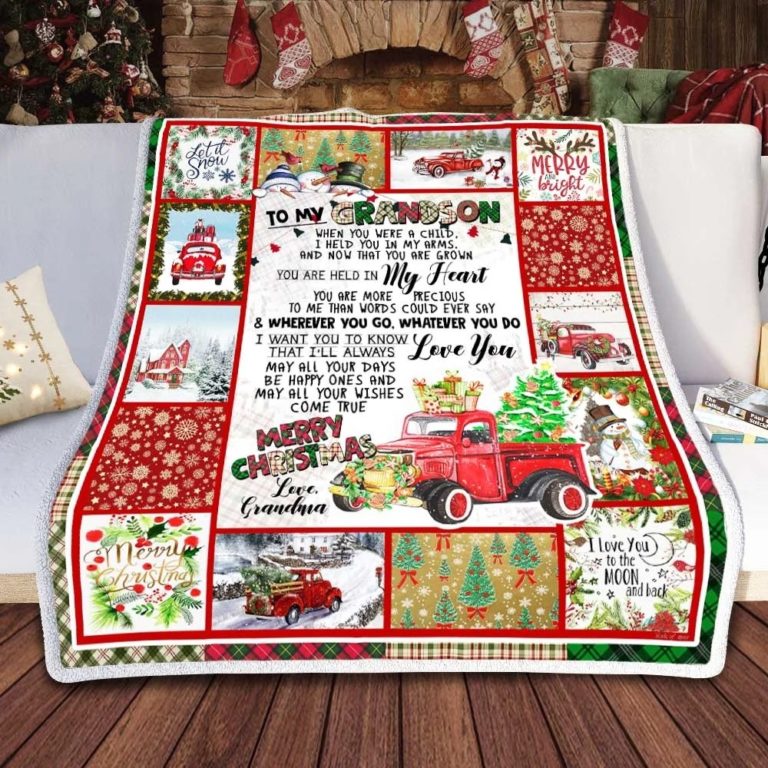 To My Grandson Red Truck Christmas Fleece Blanket