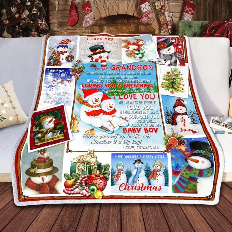 To My Grandson Snowman Christmas Fleece Blanket