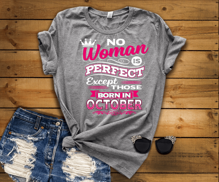 No Woman Is Perfect Except Those Born In October- Grey & Black Shirt