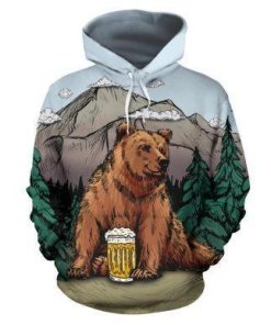 3D Camping Hoodie Brown Bear And Beer Full Size