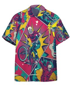 3D Comic Style Skull Riding Custom Short Sleeve Button Down Hawaiian Shirt