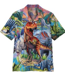 3D Dinosaur Population Short Sleeve Button Down Hawaiian Shirt