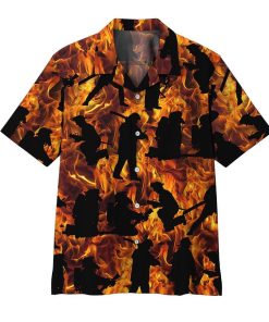 3D Fire Fighter Short Sleeve Button Down Hawaiian Shirt