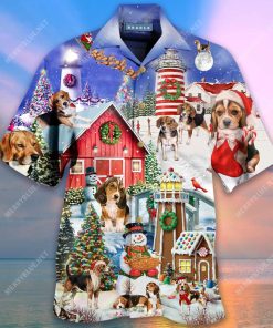 Beagles Welcome A Merry Christmas At Lighthouse Short Sleeve Button Up