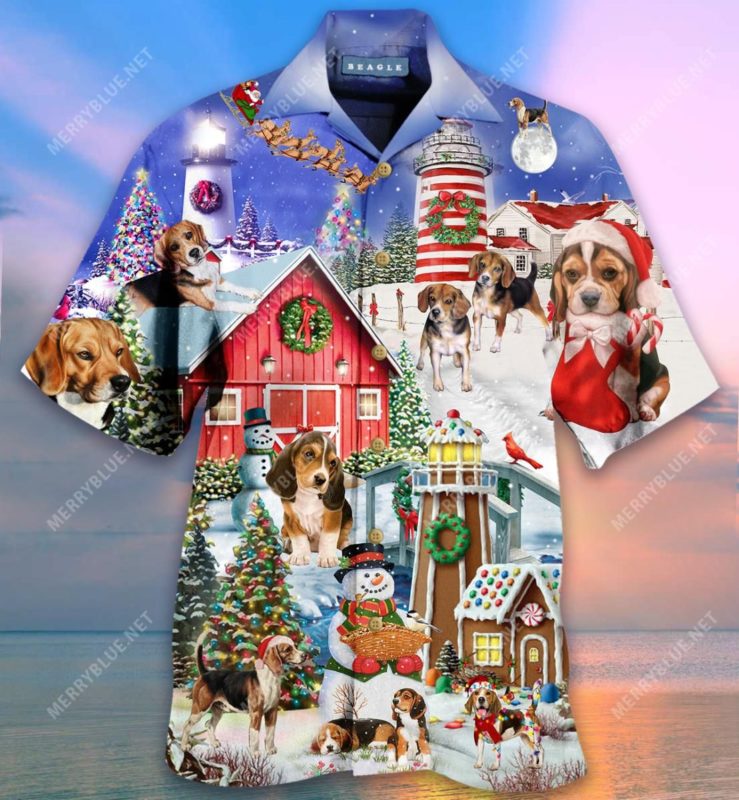Beagles Welcome A Merry Christmas At Lighthouse Short Sleeve Button Up