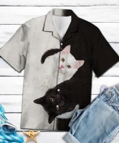 Black And White Cat Tropical 3D Print Hawaiian Shirt