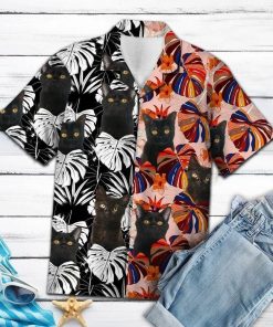 Black Cat And Floral Leaf Hawaiian Shirt