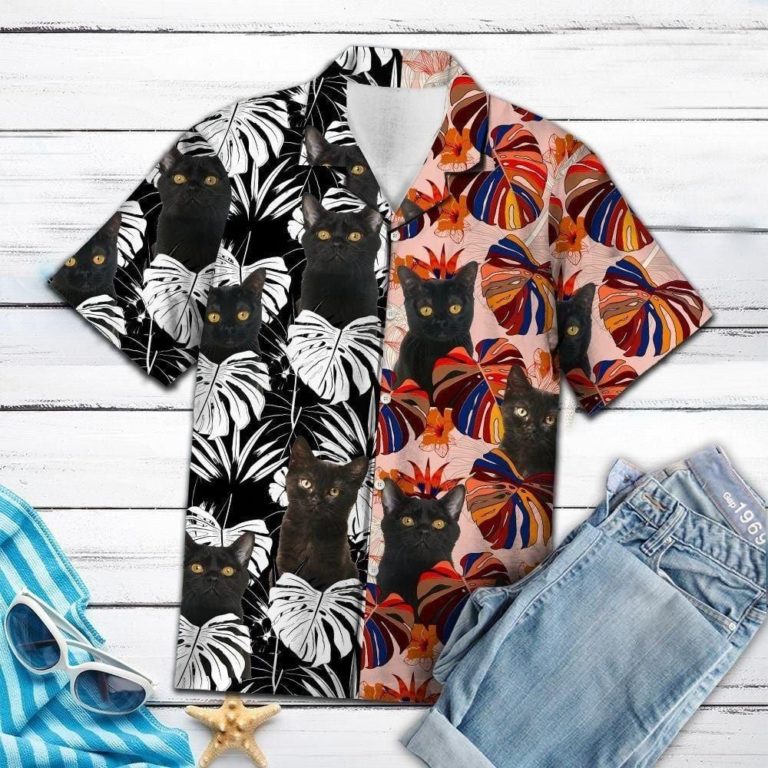 Black Cat And Floral Leaf Hawaiian Shirt