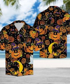 Black Cat Halloween Short Sleeve Button Up