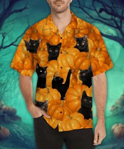 Black Cat Pumkin Halloween Short Sleeve Button Up