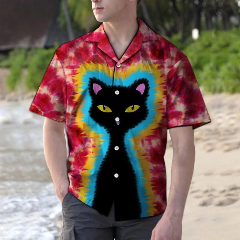 Black Cat Tie Dye Hawaiian Shirt
