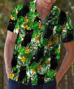 Black Cat Tropical Wild Flowers Hawaiian Shirt