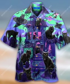 Black Cats In A Haunted House Hawaiian Shirt
