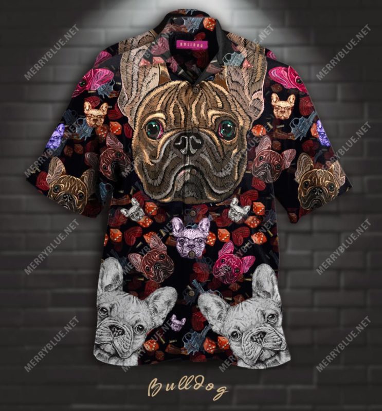 Bulldog Embroidery Short Sleeve Button Up