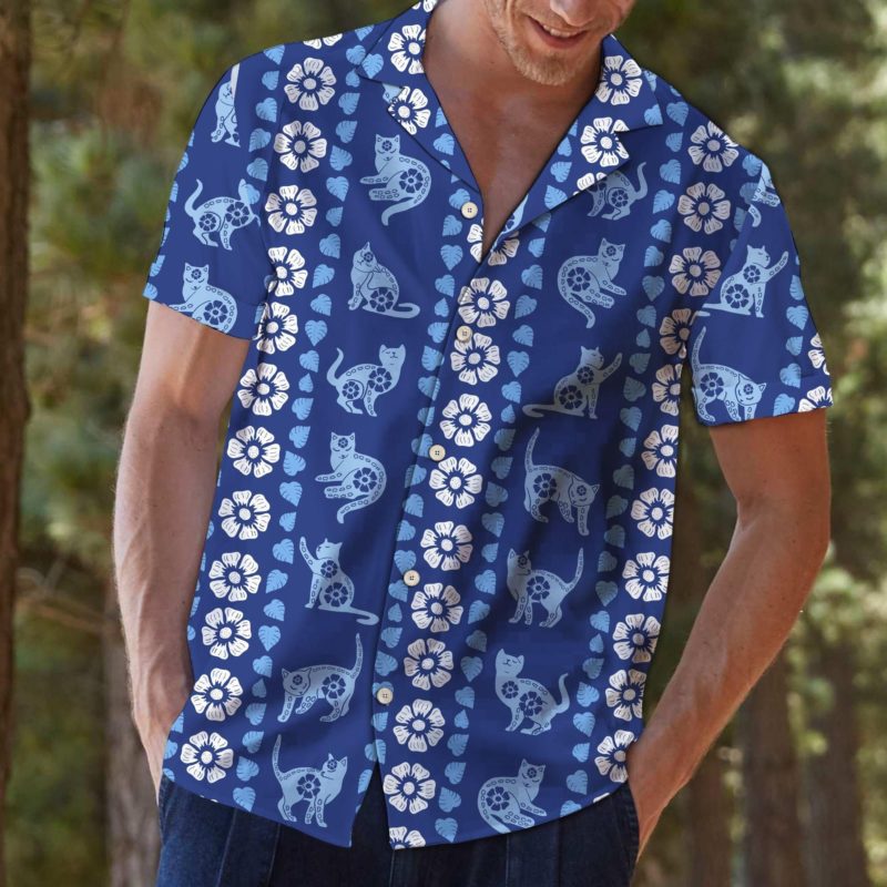 Cat Blue Floral Hawaiian Shirt