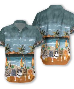 Cat Drinks Alcoholic At Beach Short Sleeve Button Up