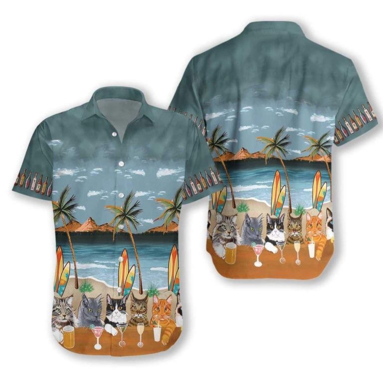 Cat Drinks Alcoholic At Beach Short Sleeve Button Up