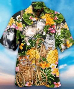 Cat Over Flowers Short Sleeve Button Up