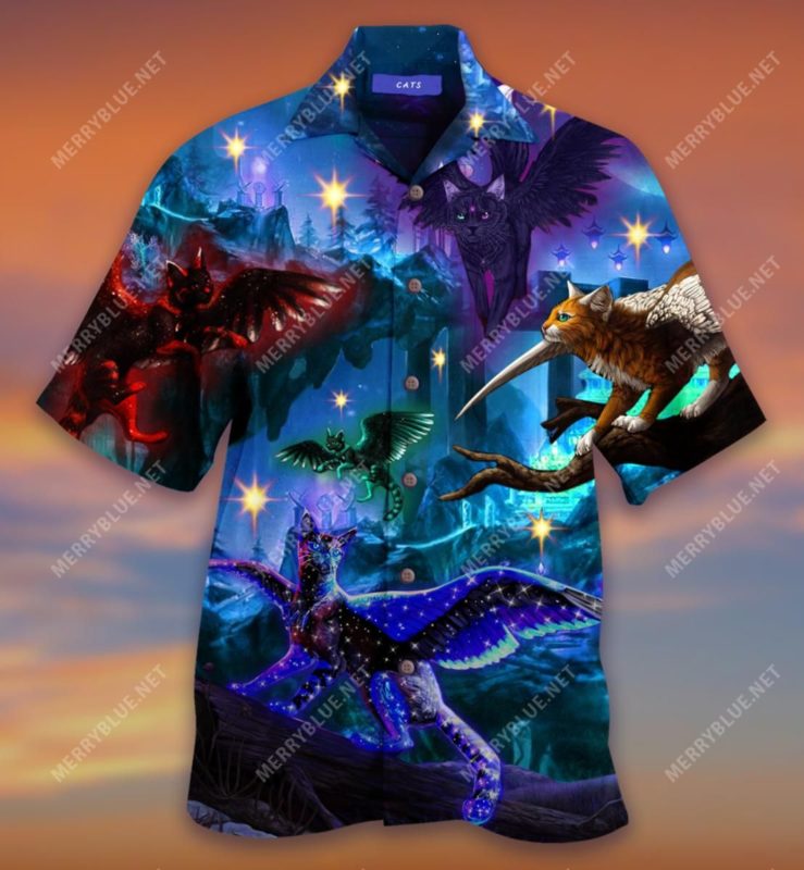 Cats Flying In Dark Night Hawaiian Shirt