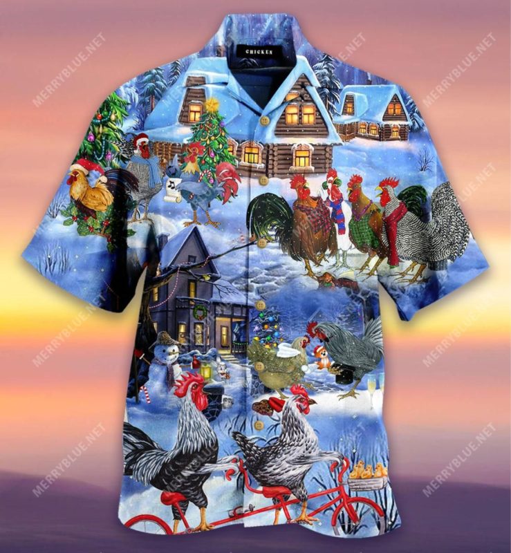 Chickens Merry Christmas Short Sleeve Button Up