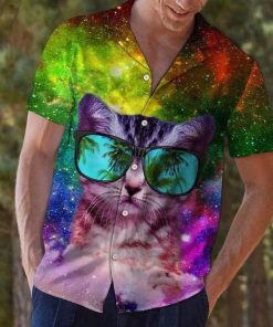Colorful Cat Galaxy Short Sleeve Button Up