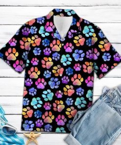 Colorful Dog Pawprint Tropical Short Sleeve Button Up