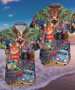 Colorful Hippie Van And Cat Hawaiian Shirt