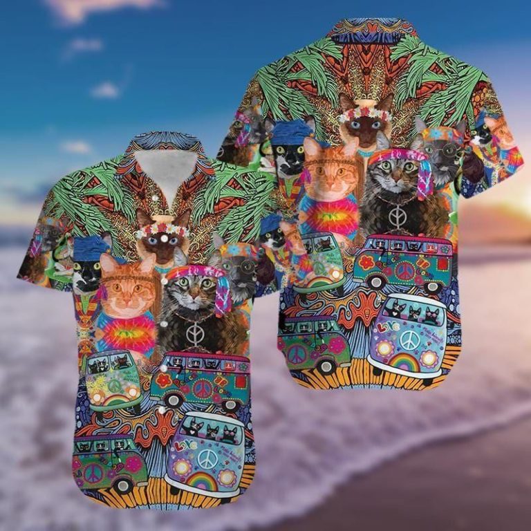 Colorful Hippie Van And Cat Hawaiian Shirt