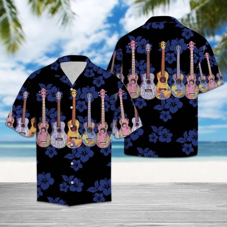 Colorful Ukulele For Vacation Short Sleeve Button Up