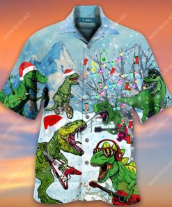 Dinosaurs Play Guitar Party Music In Christmas Holiday Hawaiian Shirt