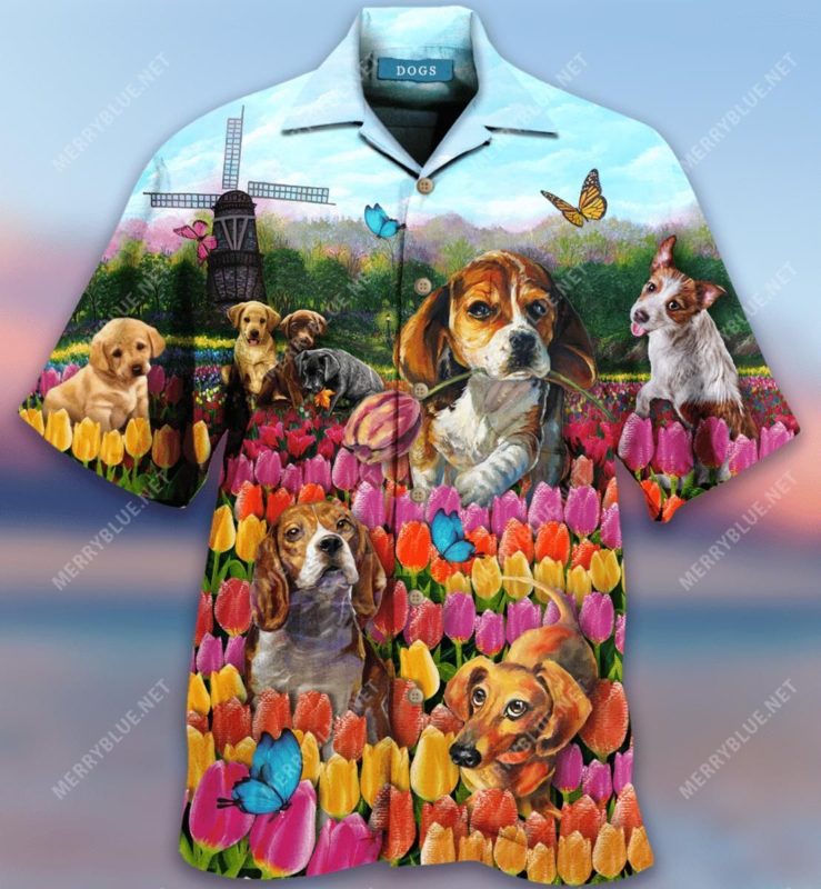 Dogs Love Romantic Tulip Garden Aloha Shirt