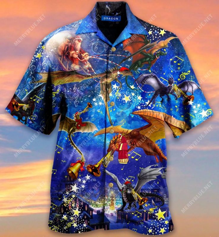 Dragon Sending Jolly Xmas Wishes Short Sleeve Button Up