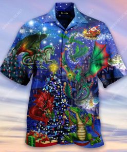 Dragons Decorate Christmas Tree Short Sleeve Button Up