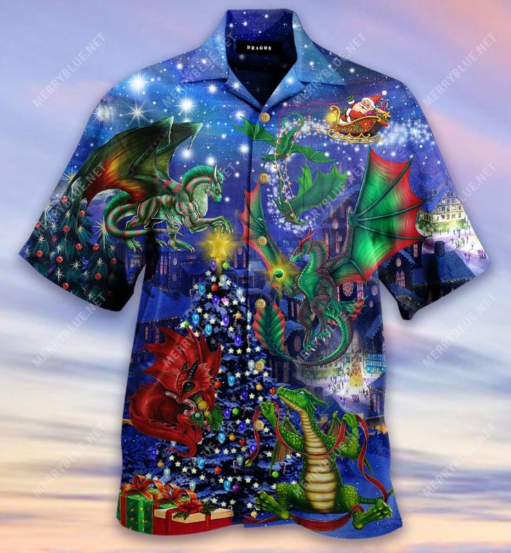Dragons Decorate Christmas Tree Short Sleeve Button Up