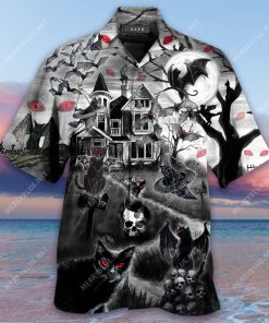 Flying Cats Halloween Short Sleeve Button Up