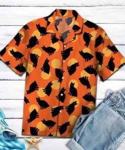 Halloween Black Cat Orange 3D Print Hawaiian Shirt