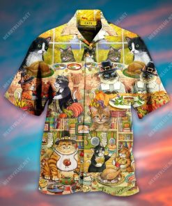 Happy Thanksgiving With Cats Short Sleeve Button Up