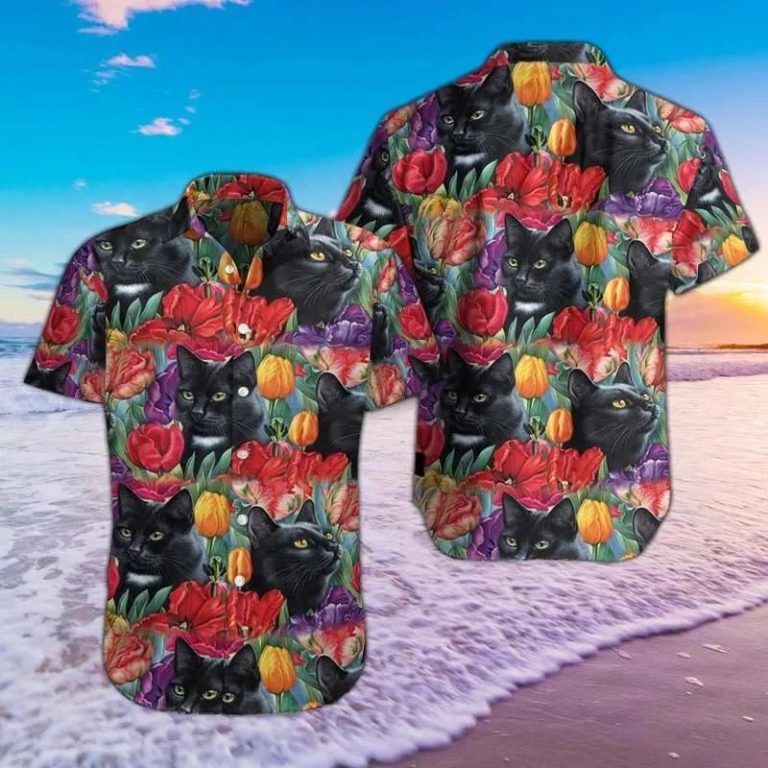 Love Black Cat Flowers Short Sleeve Button Up